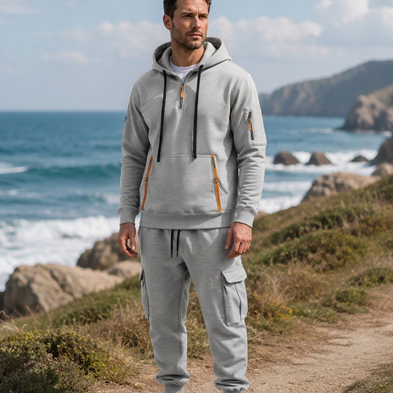 🔥Kostenloser Versand🔥 Warmes Herren-Halbzip-Kapuzenpullover- und Cargohosen-Set