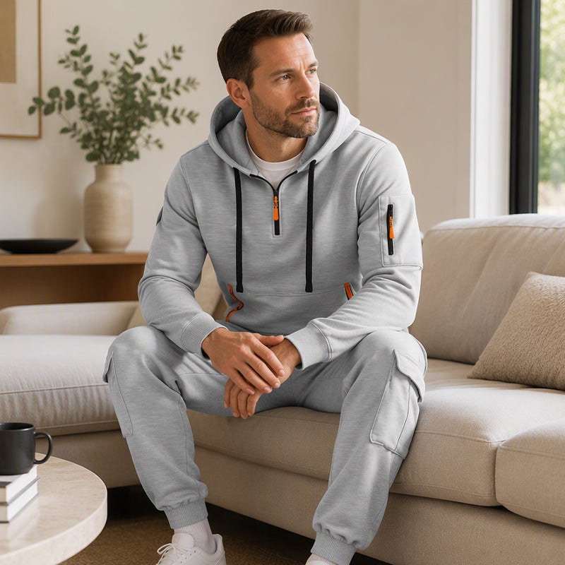 🔥Kostenloser Versand🔥 Warmes Herren-Halbzip-Kapuzenpullover- und Cargohosen-Set