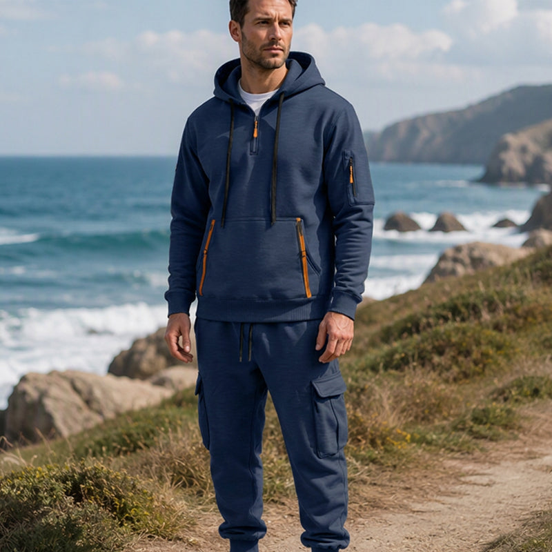 🔥Kostenloser Versand🔥 Warmes Herren-Halbzip-Kapuzenpullover- und Cargohosen-Set