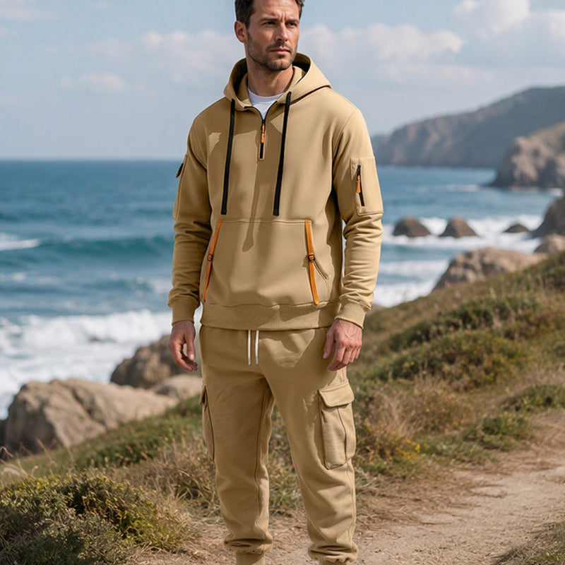 🔥Kostenloser Versand🔥 Warmes Herren-Halbzip-Kapuzenpullover- und Cargohosen-Set