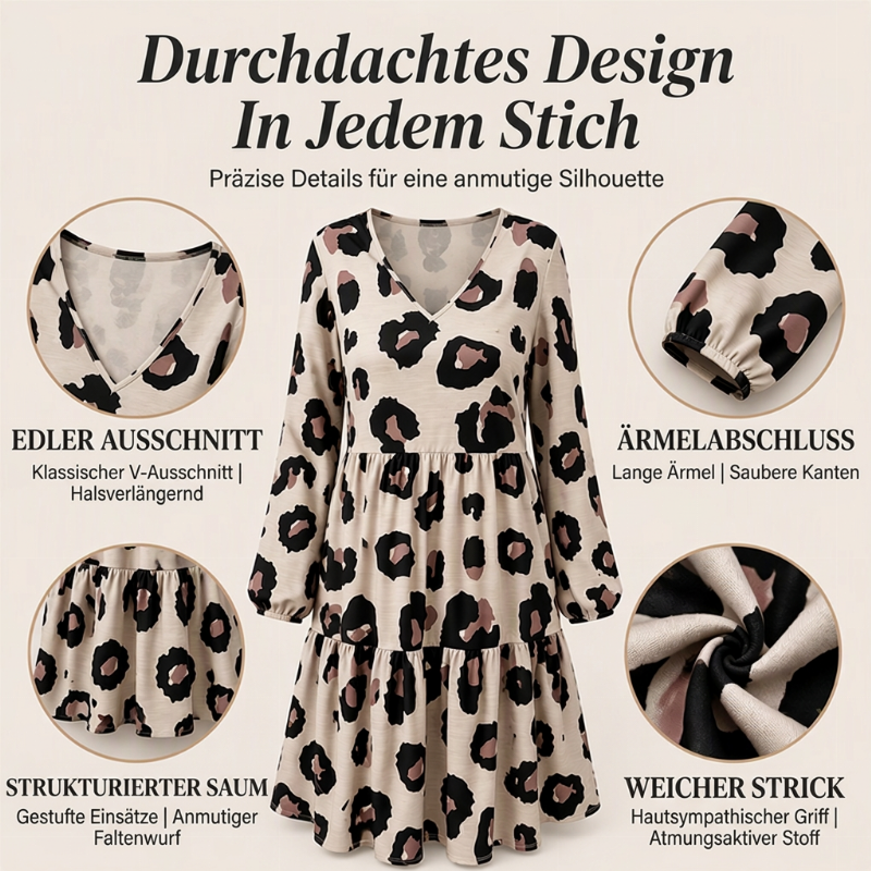 🚨Nur noch wenige auf Lager! Beeil dich!🚨 Damen Kleid mit Leopardenmuster, V-Ausschnitt und langen Ärmeln