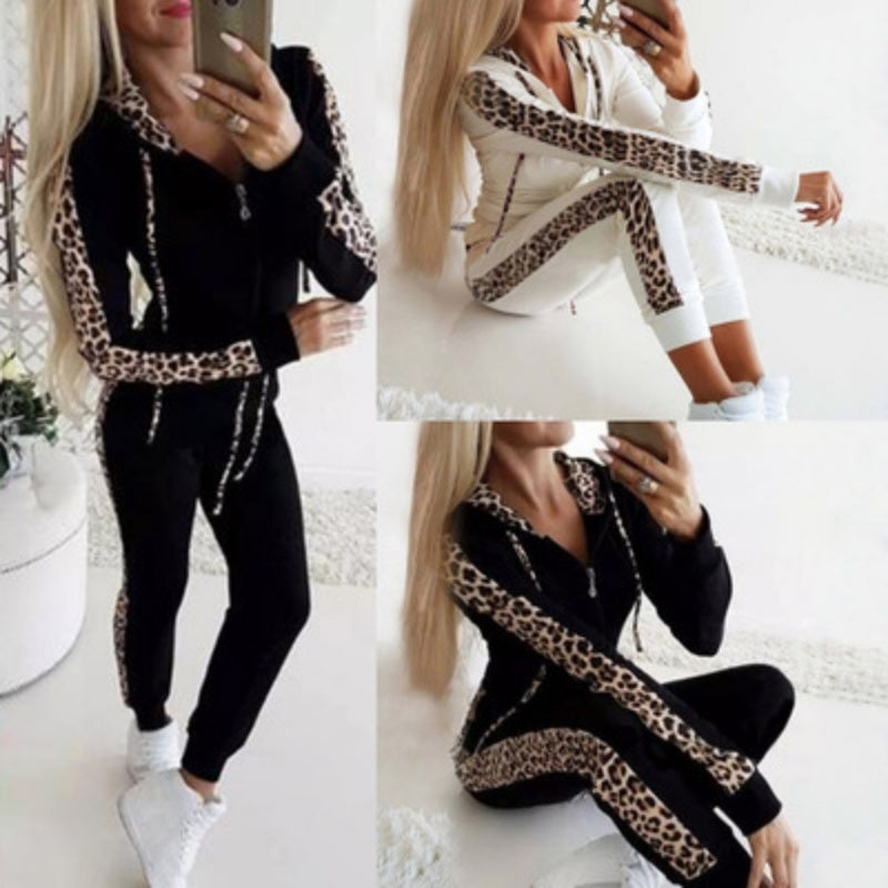 🔥 Nur heute 50 %!  Damen Leopardenmuster Langarm Zipper Sweatshirt und Hosen Set