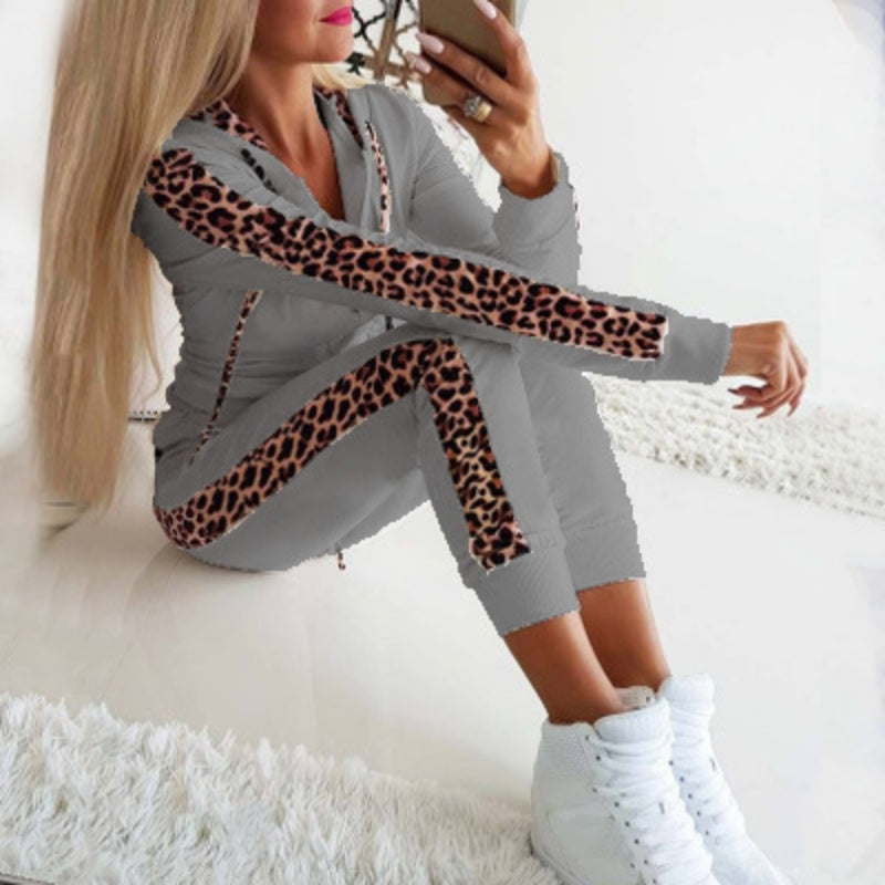 🔥 Nur heute 50 %!  Damen Leopardenmuster Langarm Zipper Sweatshirt und Hosen Set