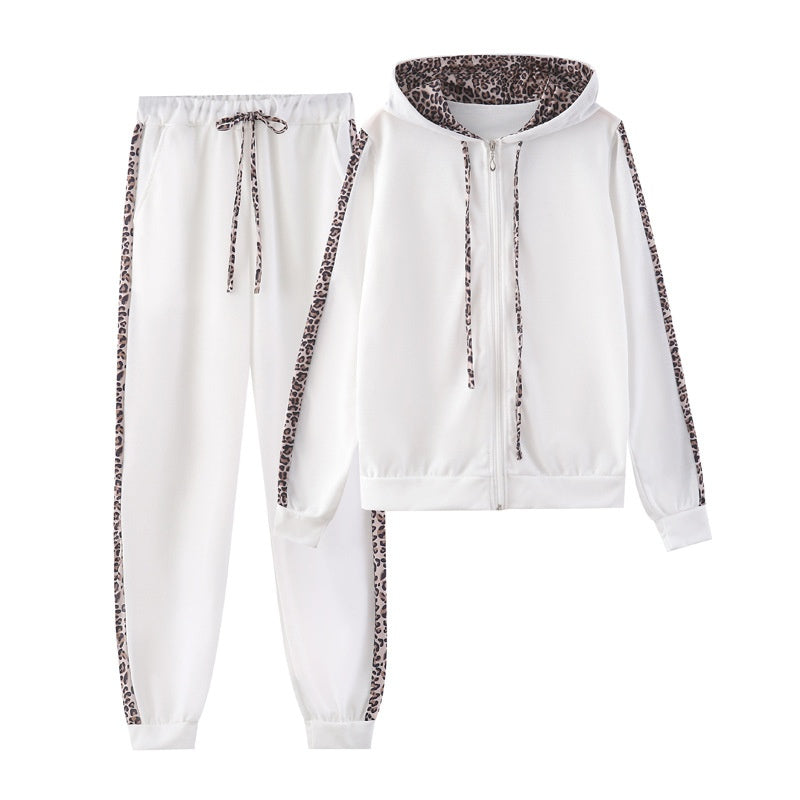 🔥 Nur heute 50 %!  Damen Leopardenmuster Langarm Zipper Sweatshirt und Hosen Set