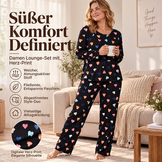 ✨Begrenzter Vorrat verfügbar, nicht verpassen!🔥🔥Damen Schlafanzug-Set mit Herzprint und Langarm