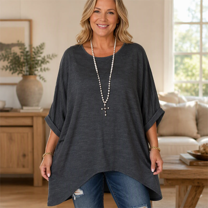 🔥Beliebtes Produkt ！✨Lose Damen-Bluse mit Fledermausärmeln und asymmetrischem Schnitt