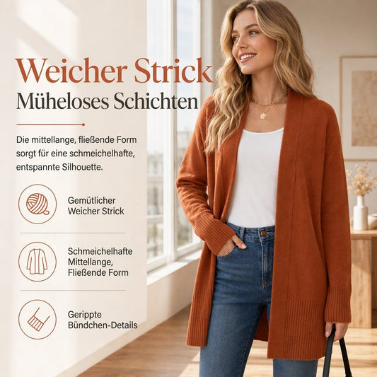 📢🎉50%Rabatt!!!🛍️✨Strickjacke für Damen, mittellang, offener Vorderschnitt, mit gerippten Bündchen