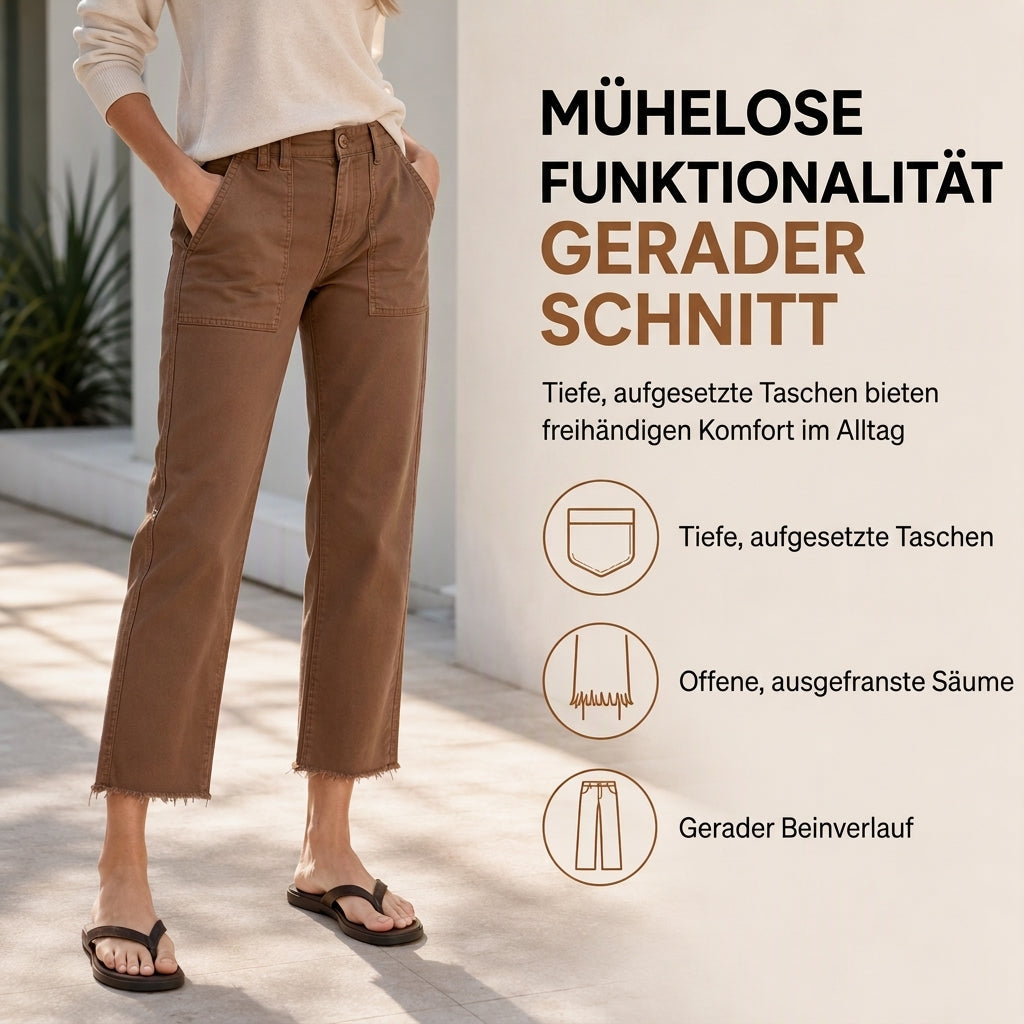 🔥Beliebtes Produkt ！✨Damen lässige Utility-Cropped-Hose mit ausgefranstem Saum und tiefen aufgesetzten Taschen