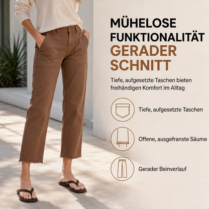 🔥Beliebtes Produkt ！✨Damen lässige Utility-Cropped-Hose mit ausgefranstem Saum und tiefen aufgesetzten Taschen