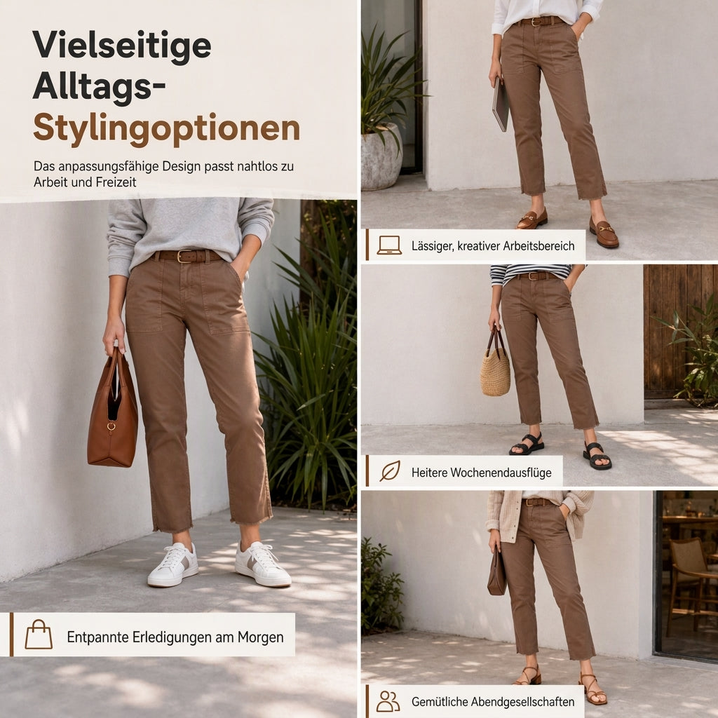 🔥Beliebtes Produkt ！✨Damen lässige Utility-Cropped-Hose mit ausgefranstem Saum und tiefen aufgesetzten Taschen