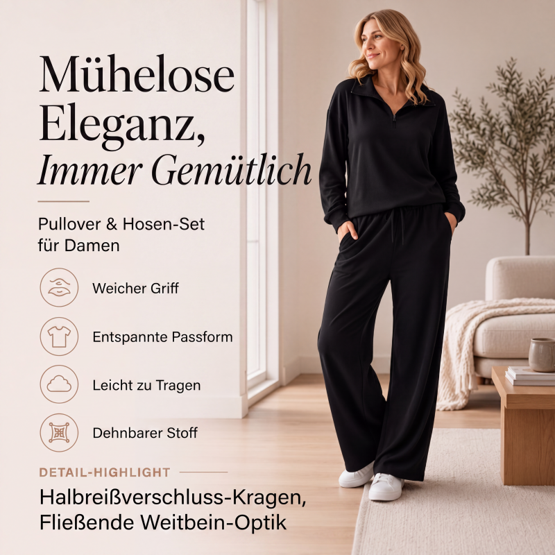 🔥Beliebtes Produkt ！✨Damen-Set mit halbem Reißverschluss, Kragenoberteil und weiten Hosen