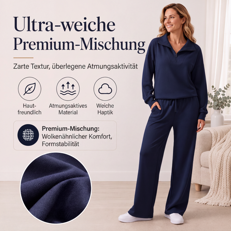 🔥Beliebtes Produkt ！✨Damen-Set mit halbem Reißverschluss, Kragenoberteil und weiten Hosen