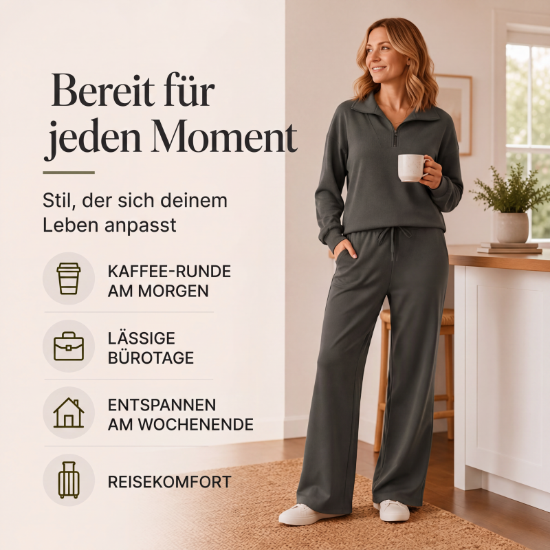 🔥Beliebtes Produkt ！✨Damen-Set mit halbem Reißverschluss, Kragenoberteil und weiten Hosen
