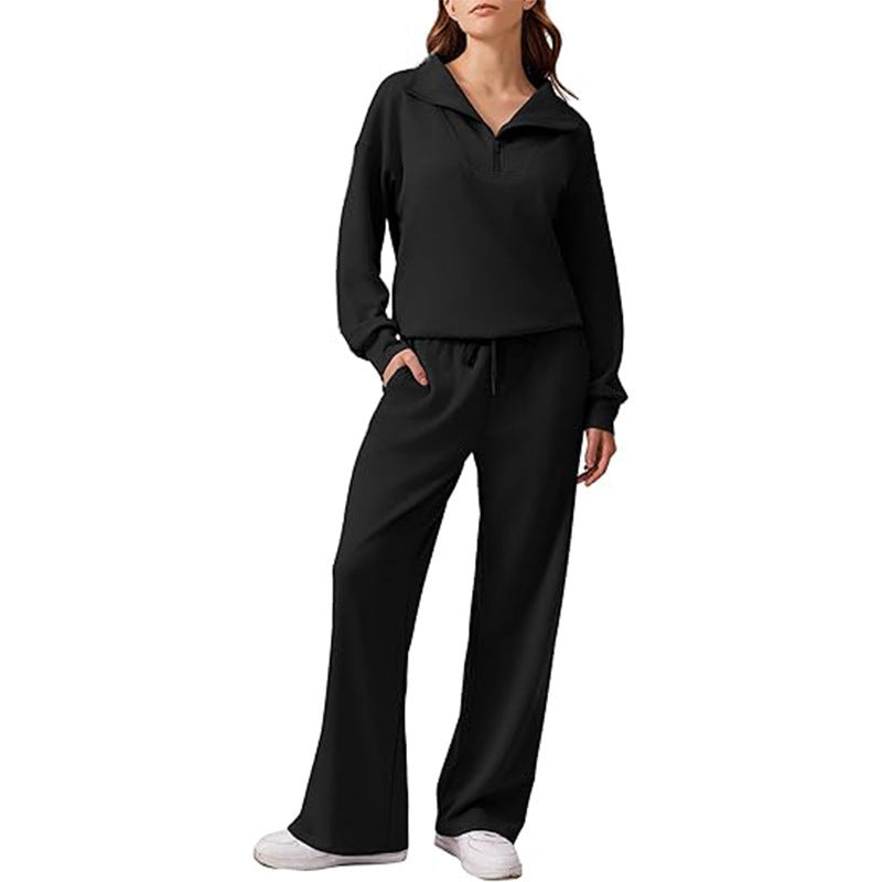 🔥Beliebtes Produkt ！✨Damen-Set mit halbem Reißverschluss, Kragenoberteil und weiten Hosen