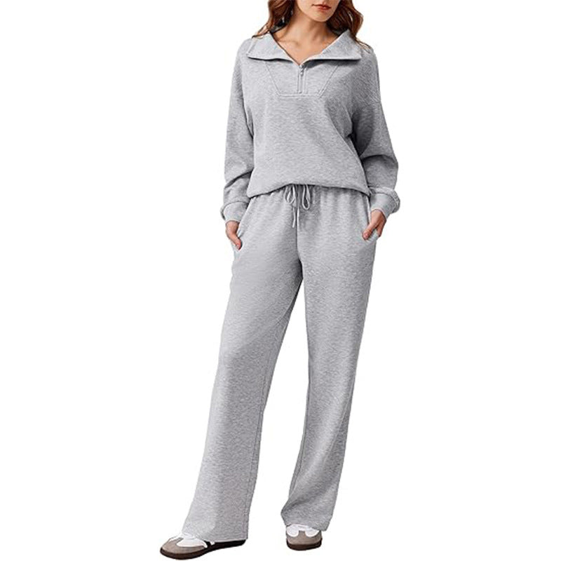 🔥Beliebtes Produkt ！✨Damen-Set mit halbem Reißverschluss, Kragenoberteil und weiten Hosen