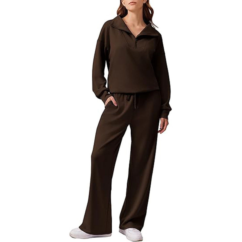 🔥Beliebtes Produkt ！✨Damen-Set mit halbem Reißverschluss, Kragenoberteil und weiten Hosen