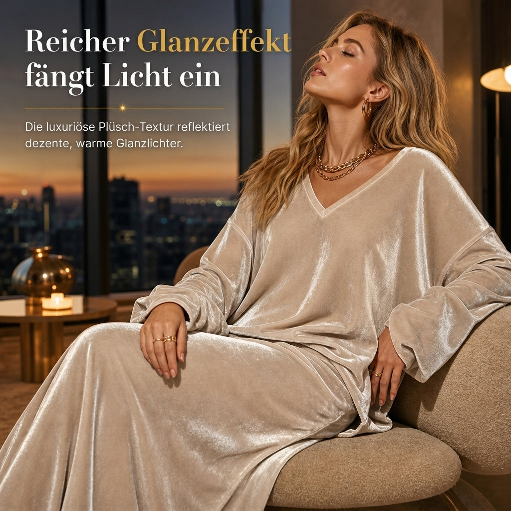 ⏰ Countdown läuft – 50% nur noch 3 Tage! Zweiteiliges Damen-Set aus Samt in Unifarbe, mit langärmeligem Oberteil mit tiefem V-Ausschnitt und weitem Sweatshirt-Design sowie ausgestellte Maxi-Rock