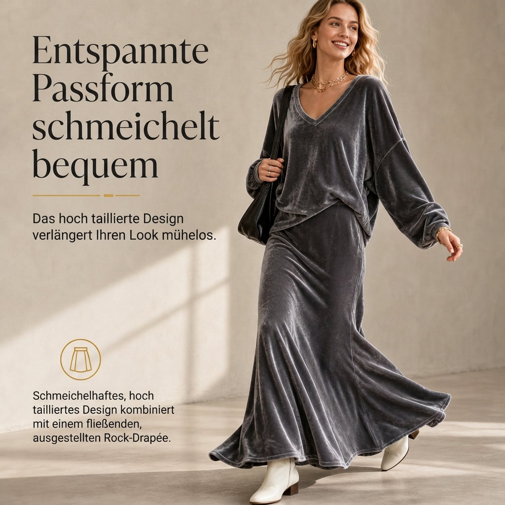 ⏰ Countdown läuft – 50% nur noch 3 Tage! Zweiteiliges Damen-Set aus Samt in Unifarbe, mit langärmeligem Oberteil mit tiefem V-Ausschnitt und weitem Sweatshirt-Design sowie ausgestellte Maxi-Rock