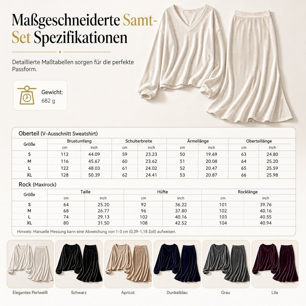 ⏰ Countdown läuft – 50% nur noch 3 Tage! Zweiteiliges Damen-Set aus Samt in Unifarbe, mit langärmeligem Oberteil mit tiefem V-Ausschnitt und weitem Sweatshirt-Design sowie ausgestellte Maxi-Rock