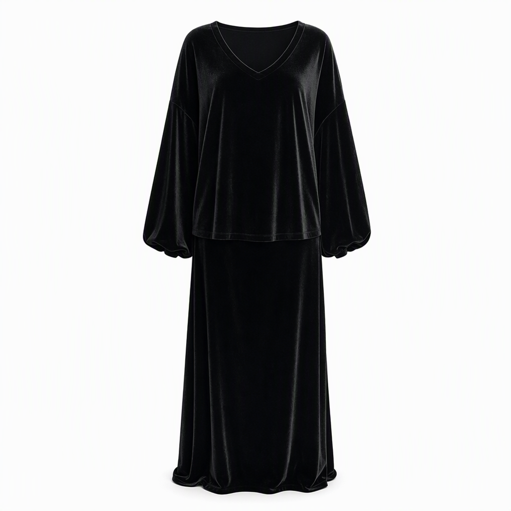 ⏰ Countdown läuft – 50% nur noch 3 Tage! Zweiteiliges Damen-Set aus Samt in Unifarbe, mit langärmeligem Oberteil mit tiefem V-Ausschnitt und weitem Sweatshirt-Design sowie ausgestellte Maxi-Rock