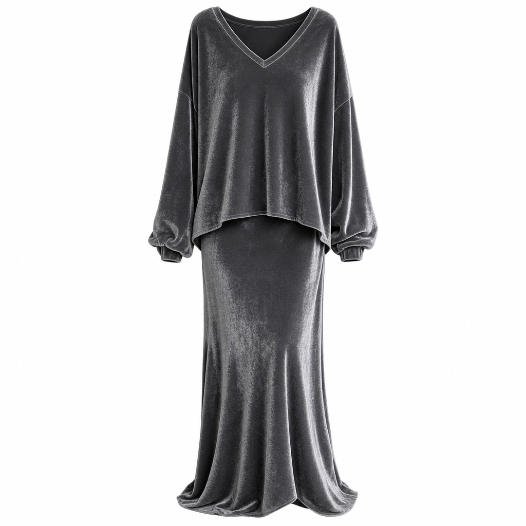 ⏰ Countdown läuft – 50% nur noch 3 Tage! Zweiteiliges Damen-Set aus Samt in Unifarbe, mit langärmeligem Oberteil mit tiefem V-Ausschnitt und weitem Sweatshirt-Design sowie ausgestellte Maxi-Rock