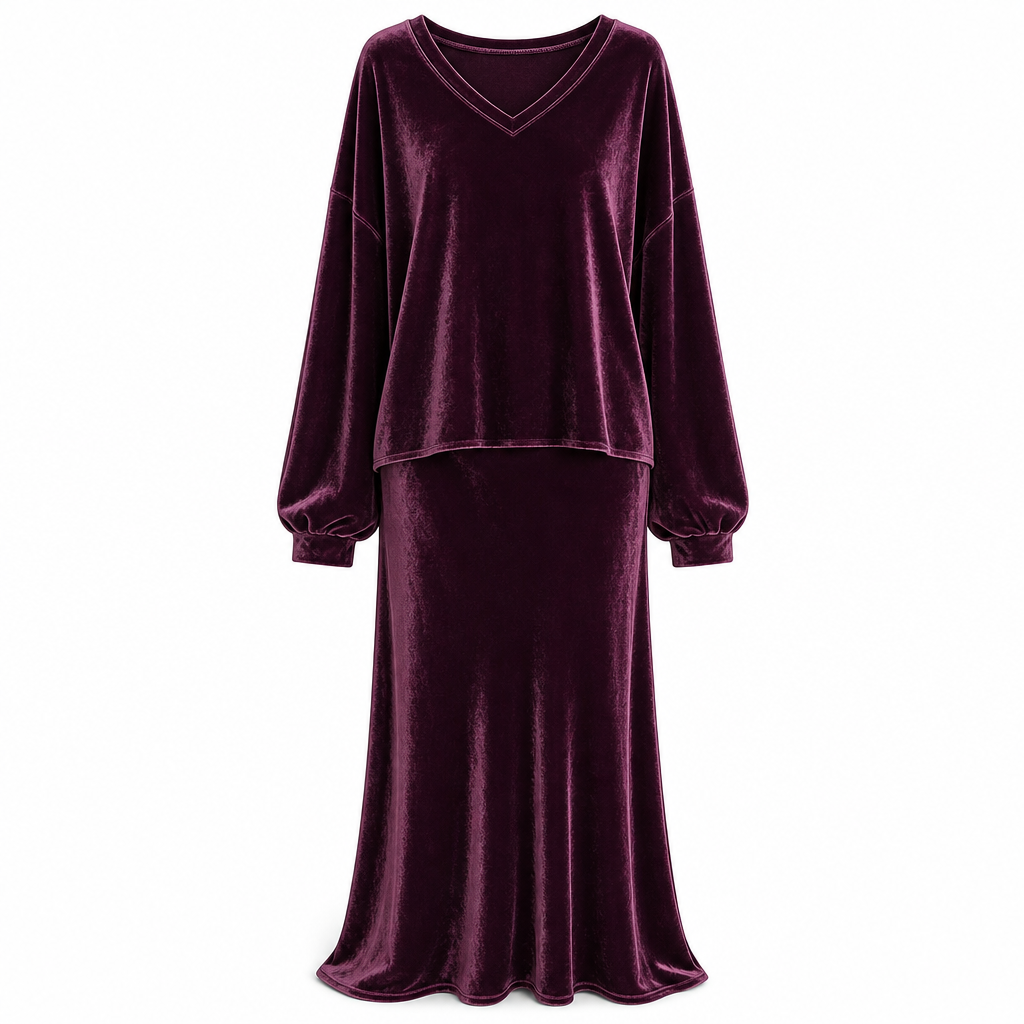 ⏰ Countdown läuft – 50% nur noch 3 Tage! Zweiteiliges Damen-Set aus Samt in Unifarbe, mit langärmeligem Oberteil mit tiefem V-Ausschnitt und weitem Sweatshirt-Design sowie ausgestellte Maxi-Rock