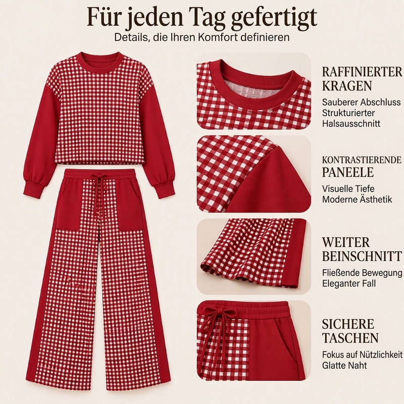 🔥Beliebtes Produkt ！✨Damen Karomix Langarmoberteil & Weithosen Set