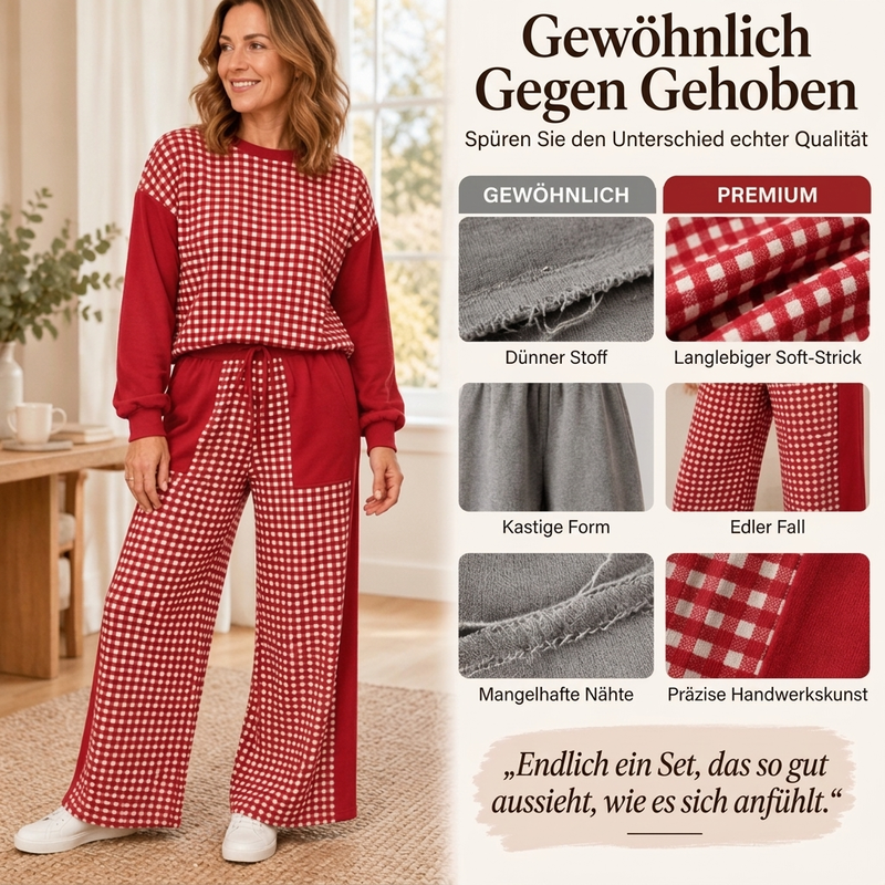 🔥Beliebtes Produkt ！✨Damen Karomix Langarmoberteil & Weithosen Set