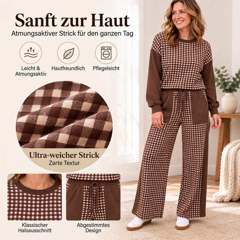 🔥Beliebtes Produkt ！✨Damen Karomix Langarmoberteil & Weithosen Set