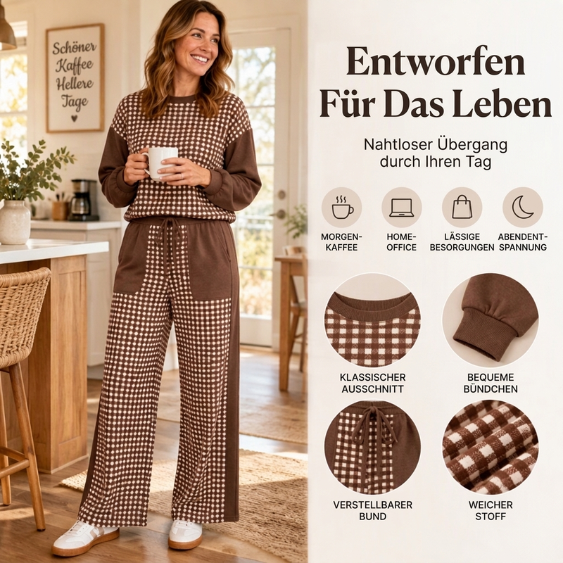 🔥Beliebtes Produkt ！✨Damen Karomix Langarmoberteil & Weithosen Set