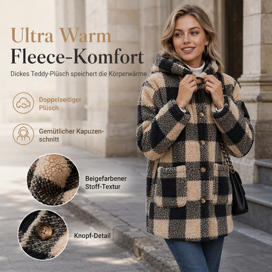 📢🎉Räumungsverkauf!!!🛍️✨Damen Langärmeliger kariierter Mantel aus Kunstfell mit Kapuze