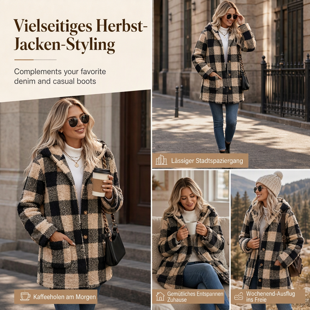 📢🎉Räumungsverkauf!!!🛍️✨Damen Langärmeliger kariierter Mantel aus Kunstfell mit Kapuze