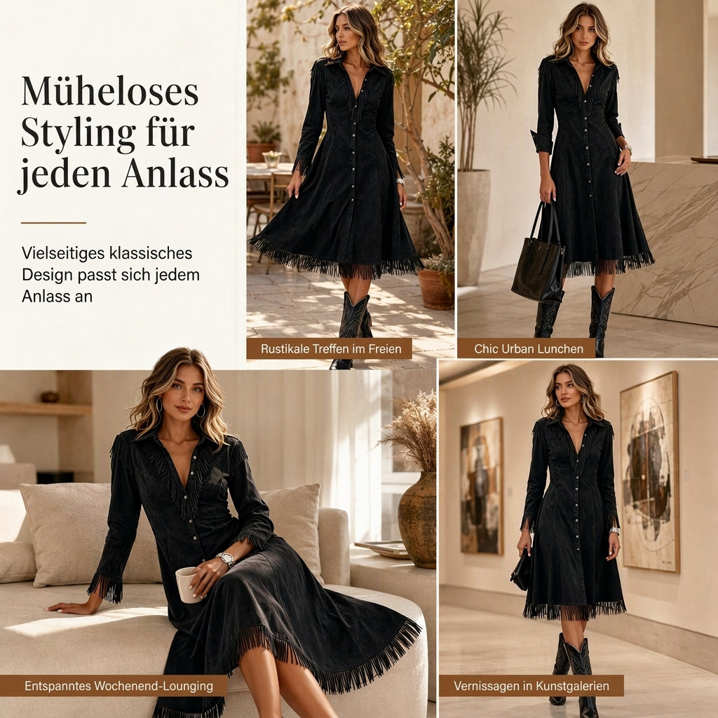 ⏰ Countdown läuft – 50% nur noch 3 Tage! Damen Vintage Langarm Fransenkleid
