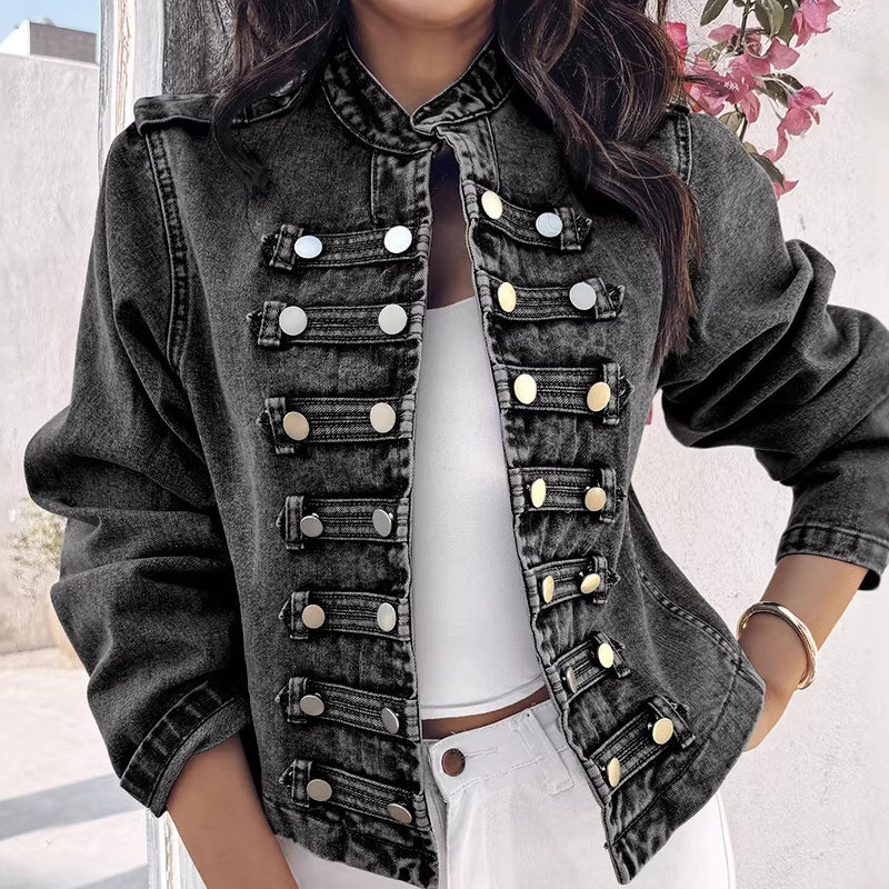 🖤 Black Friday Vorabzugang: 50 % Rabatt 🖤 Vintage Jeansjacke für Damen mit symmetrischer Knopfleiste