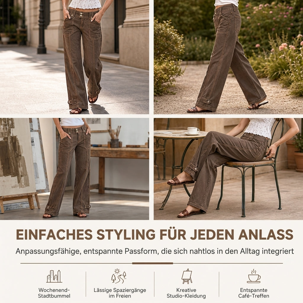 ✨Begrenzter Vorrat verfügbar, nicht verpassen!🔥🔥Damen Utility-Hosen mit weitem Bein aus gewaschener Baumwollmischung mit Contrast Stitching