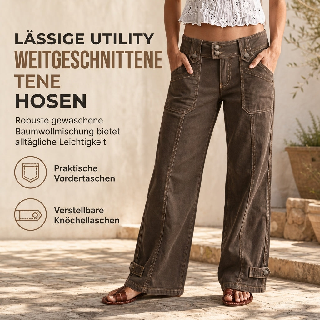 ✨Begrenzter Vorrat verfügbar, nicht verpassen!🔥🔥Damen Utility-Hosen mit weitem Bein aus gewaschener Baumwollmischung mit Contrast Stitching