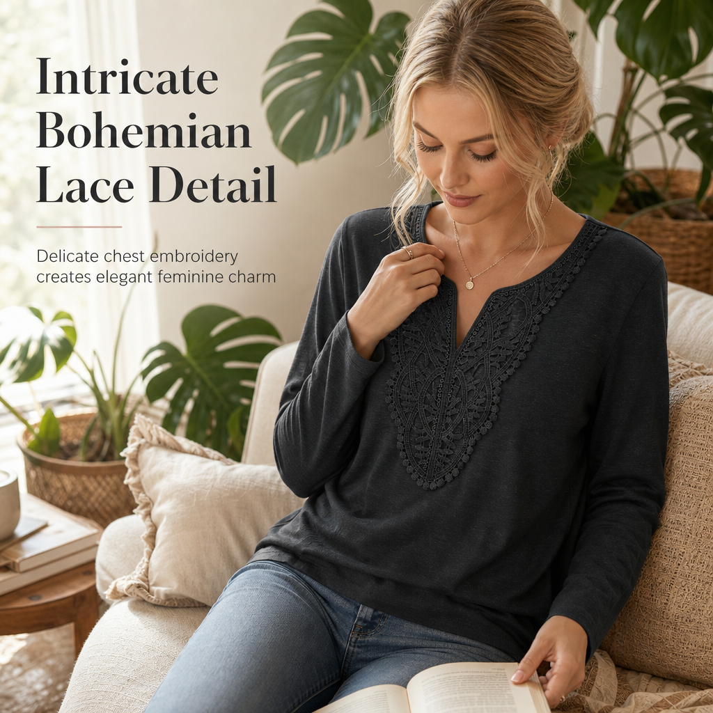 🔥Beliebtes Produkt ！✨Bohemische Damen-Bluse aus Spitze mit V-Ausschnitt, langen Ärmeln und lockerer Passform