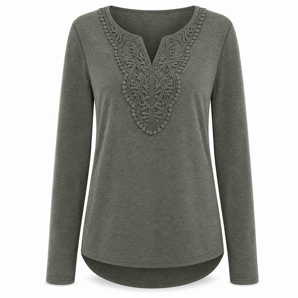 🔥Beliebtes Produkt ！✨Bohemische Damen-Bluse aus Spitze mit V-Ausschnitt, langen Ärmeln und lockerer Passform