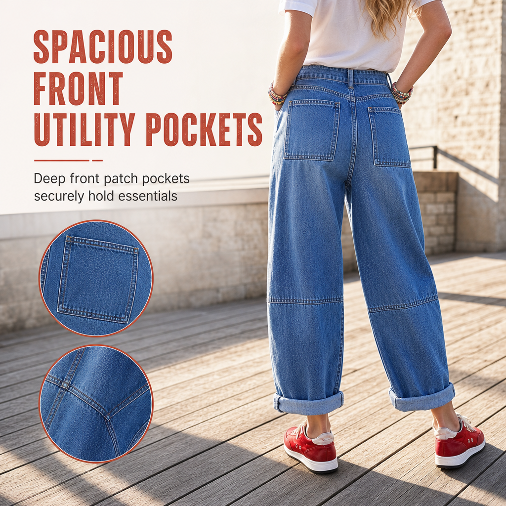 🔥Beliebtes Produkt ！✨Damen Stretchjeans in Übergröße, mittlere Taille, verkürzte Hosen, Denimhosen mit schmalem Knöchelbund und gesteppten aufgesetzten Taschen