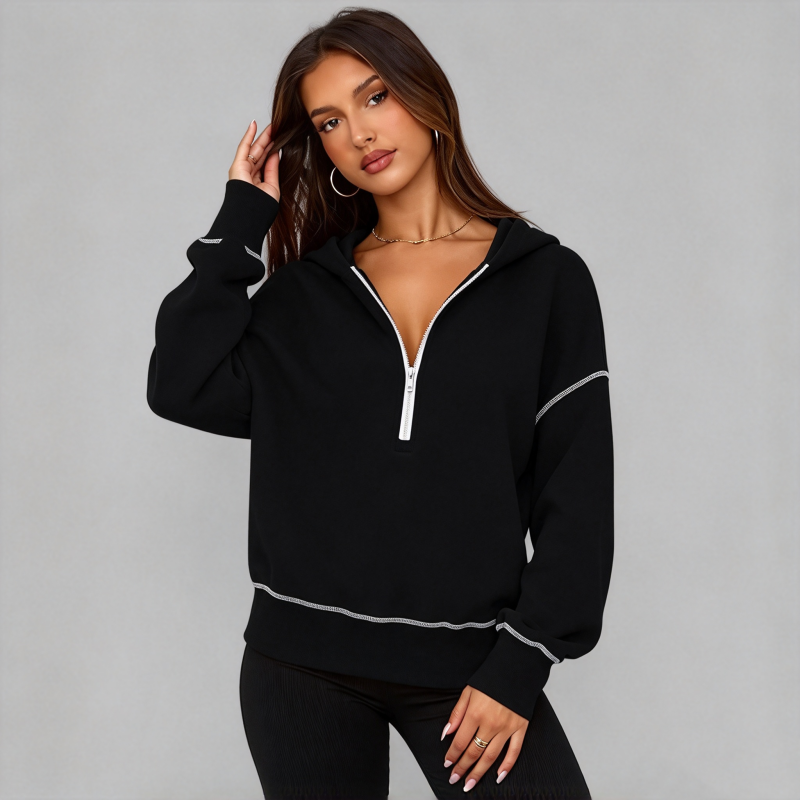 📢🎉50%Rabatt!!!🛍️✨Damen-Kurzformatiges Hoodie mit Reißverschluss und Kontrastbesatz, langärmelig,Sweatshirt für Herbst und Winter